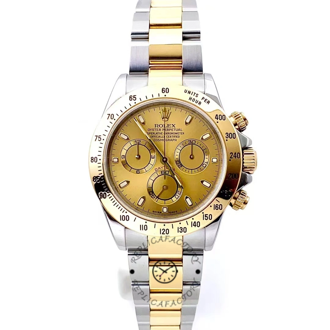 Rolex Daytona 116523 front view on white background, champagne dial and gold bezel.