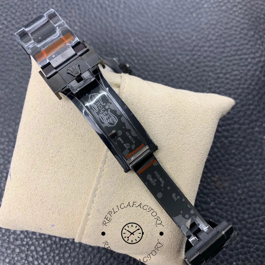 Open clasp view of Rolex Sea-Dweller Deepsea 126660, black PVD/DLC Oyster bracelet.