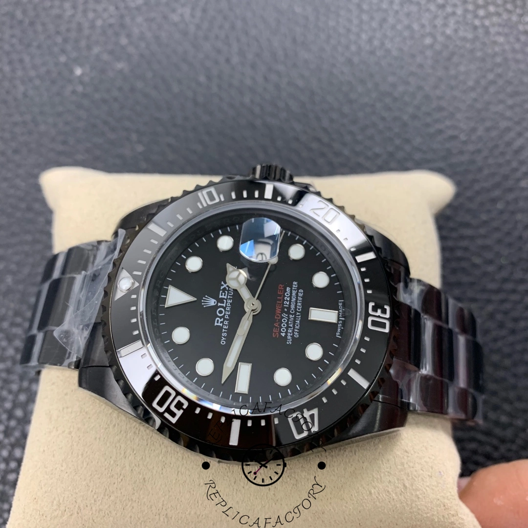 Angled dial close-up of Rolex Sea-Dweller Deepsea 126660, bezel teeth in focus.