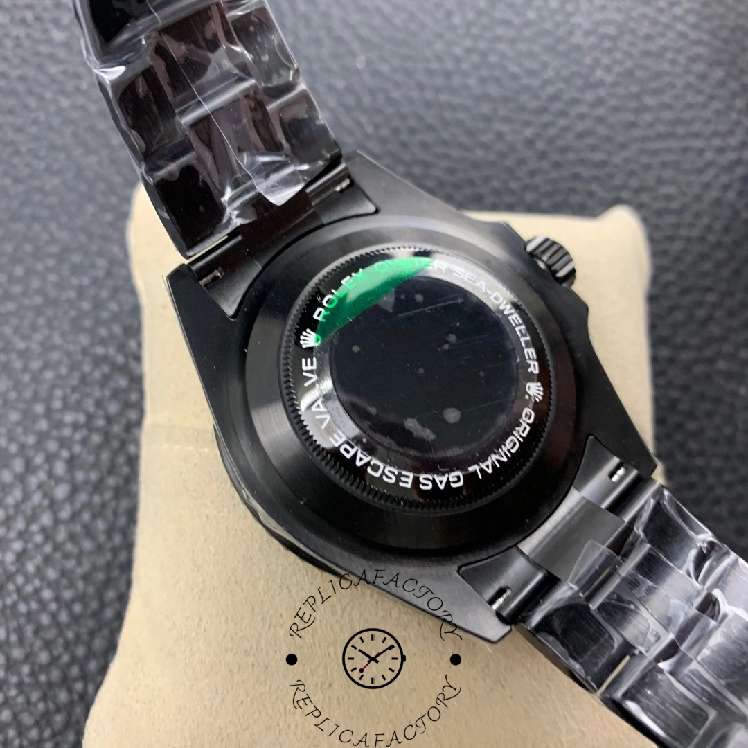 Caseback view of Rolex Sea-Dweller Deepsea 126660, black PVD/DLC back and engravings.