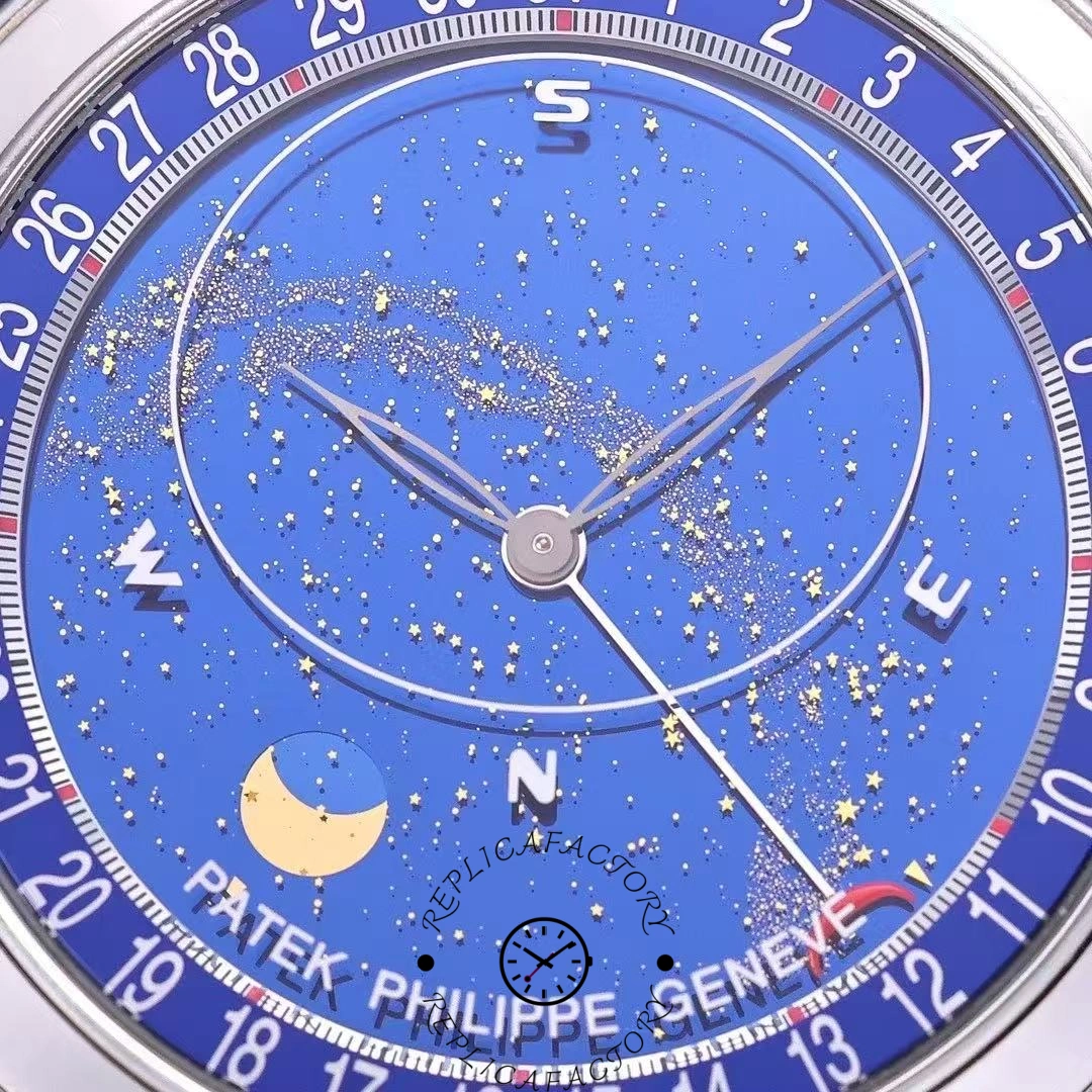 Patek Philippe Celestial Moon Age 6102P-001, macro of blue celestial dial showing constellation map details.