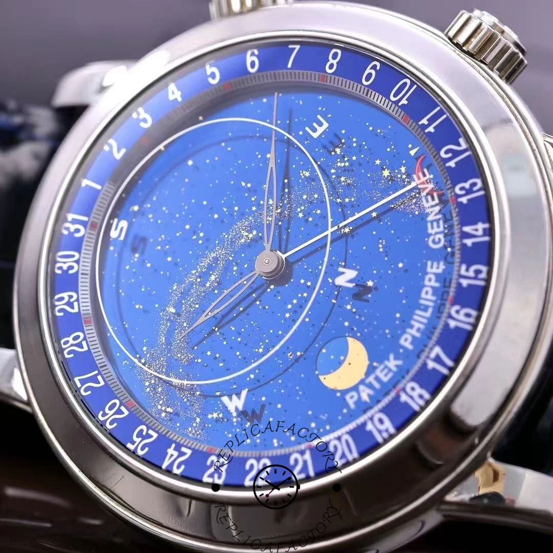 Patek Philippe Celestial Moon Age 6102P-001, side angle showing bezel edge and moon-age window on dial.