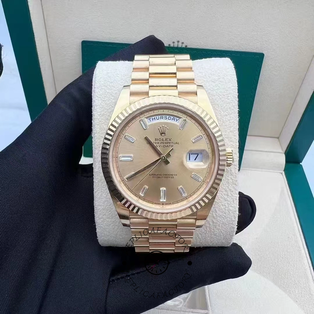 Used Rolex Day-Date 40 m228238-0005 after 3 years, showing natural wear and champagne dial.
