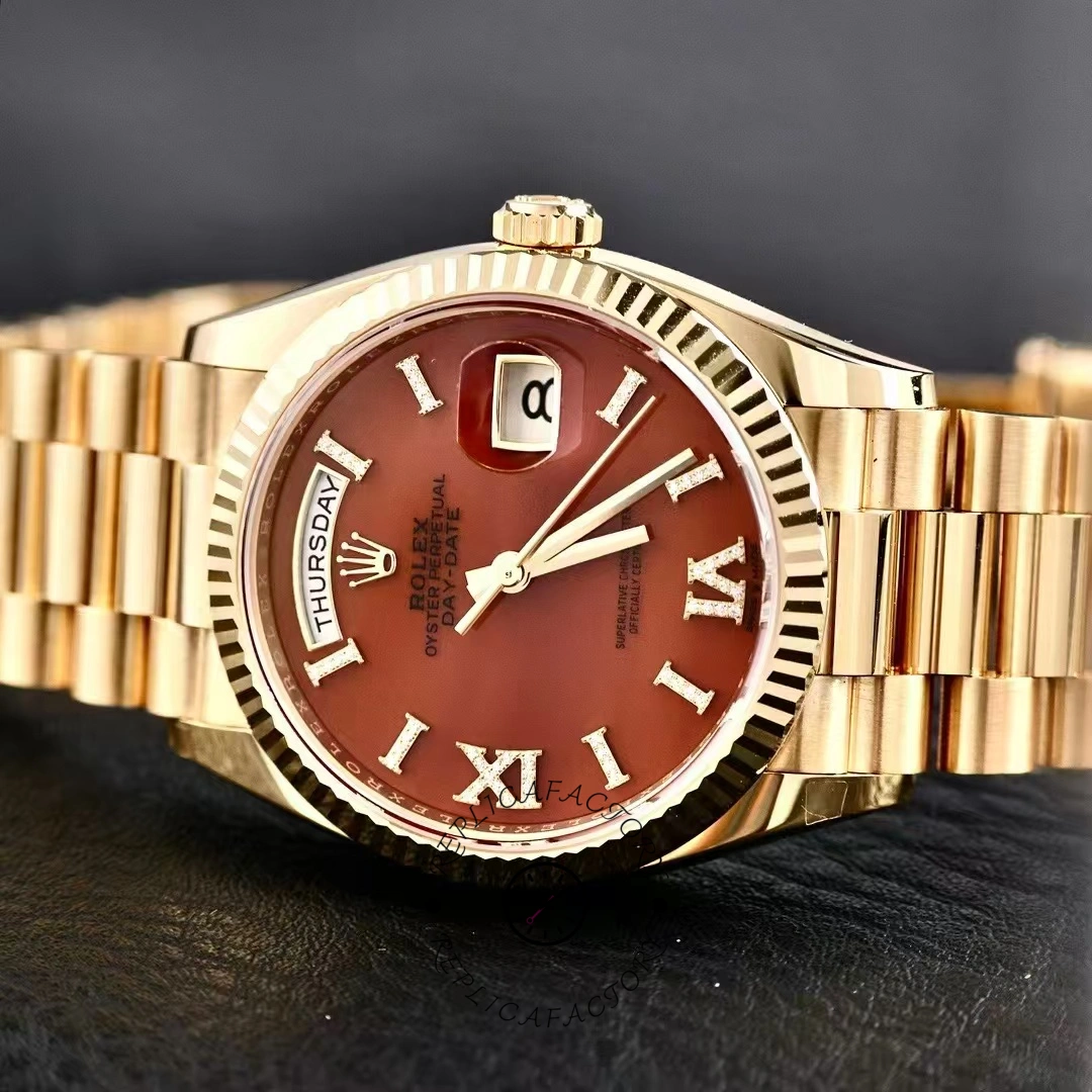 Rolex Day-Date 128238 Fluted Bezel Carnelian dial 36MM Unisex Replica Watch