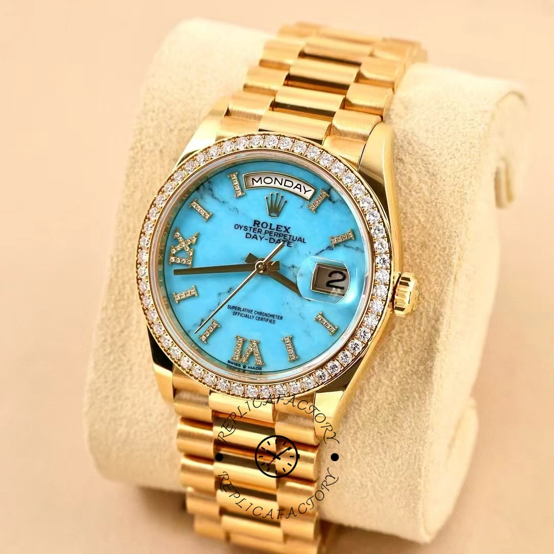 Rolex Day-Date 128348RBR Turquoise Diamond Dial Yellow Gold 36MM Unisex Replica Watch