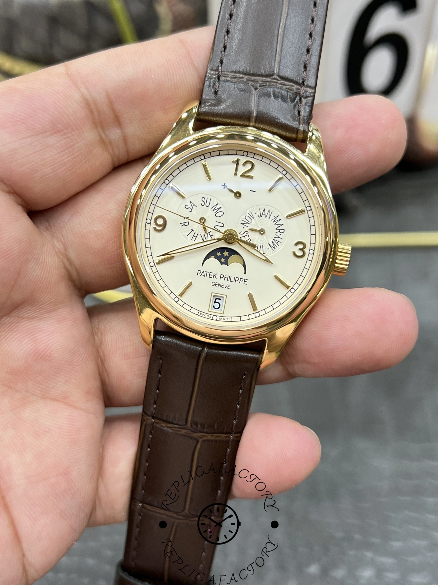 Full-length strap view of the Patek Philippe 5146R-001, buckle end and stitching details.