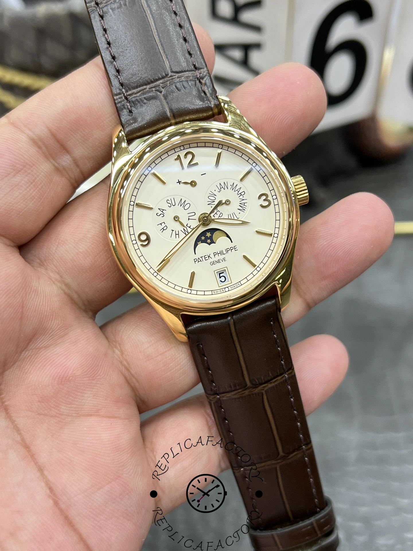 Angle of the Patek Philippe 5146R-001, slim profile and cream dial.