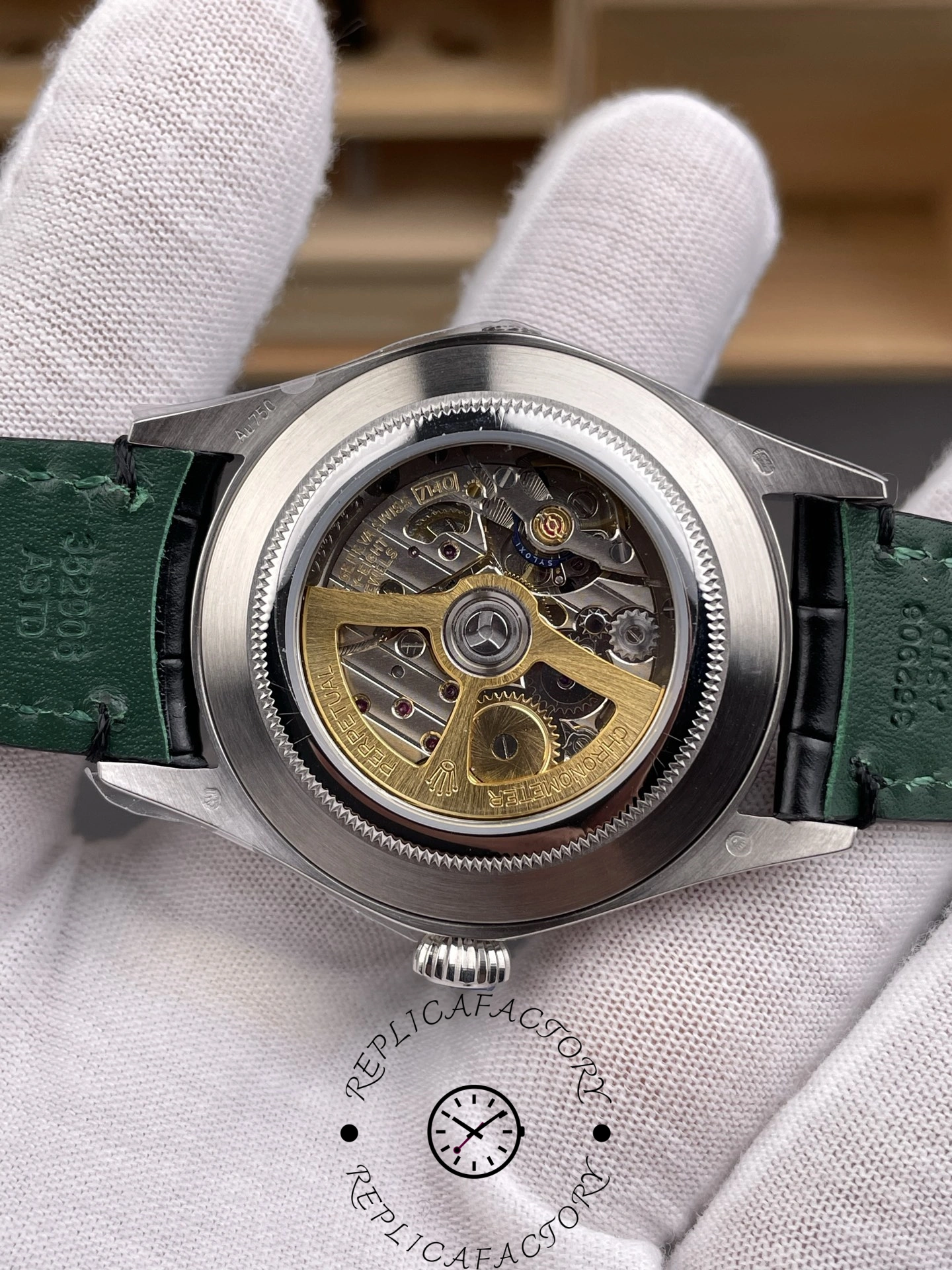 Exhibition caseback of Rolex 1908 Black Dial 52509-0002 39mm replica revealing visible movement.