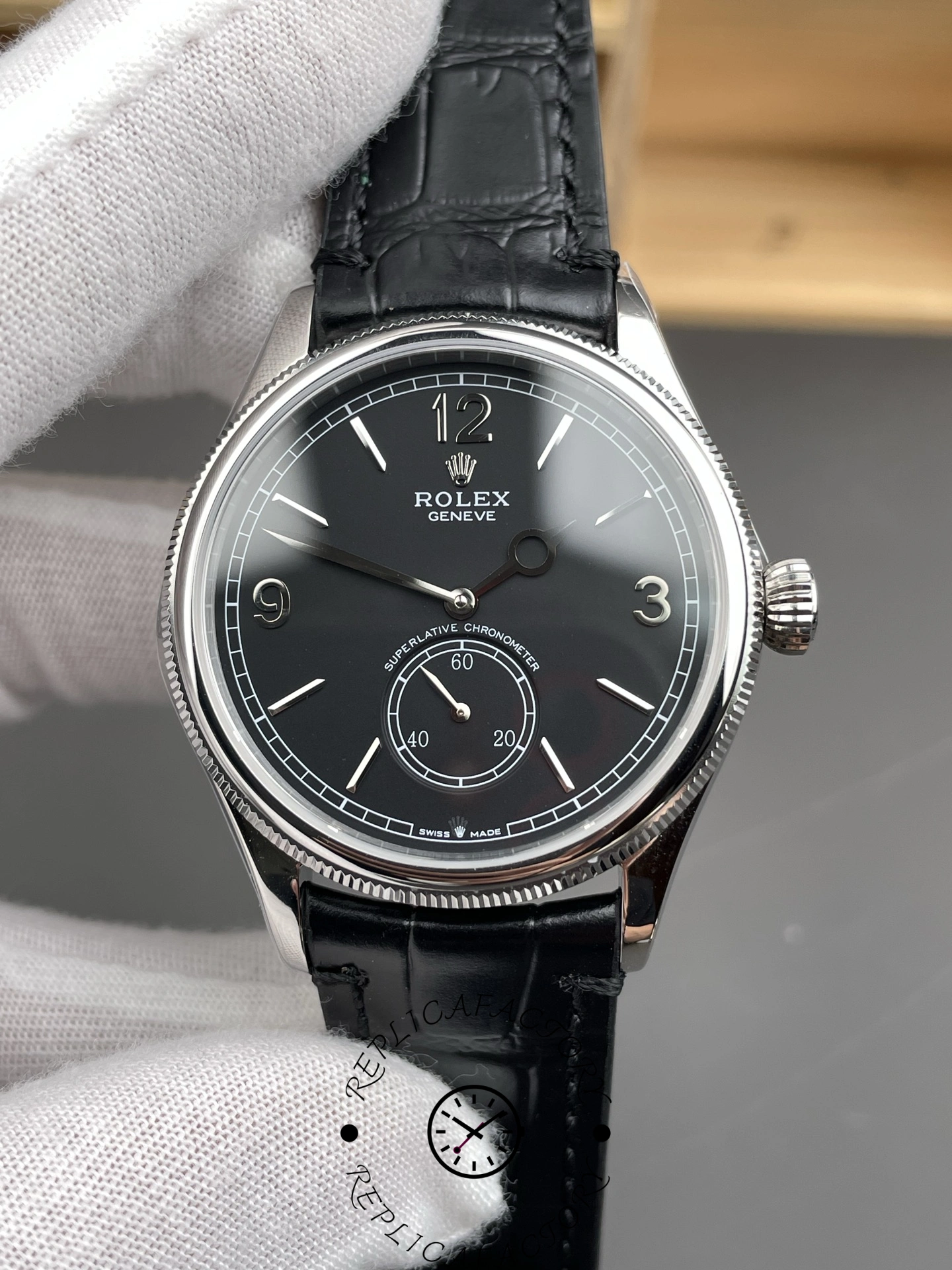 Front dial close-up of Rolex 1908 Black Dial 52509-0002 39mm replica with Arabic numerals and small seconds.