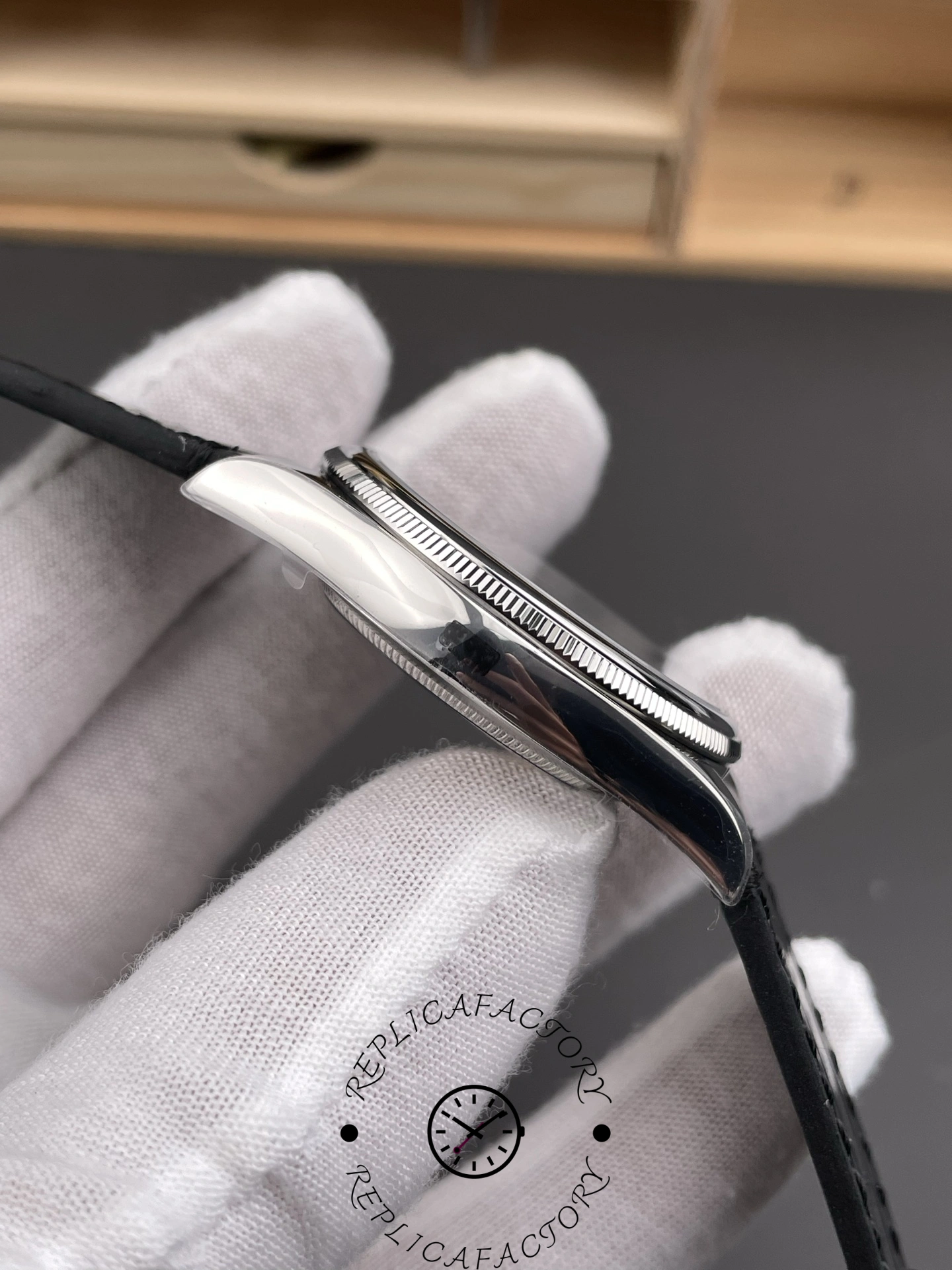 Side profile of Rolex 1908 Black Dial 52509-0002 39mm replica displaying slim case thickness.