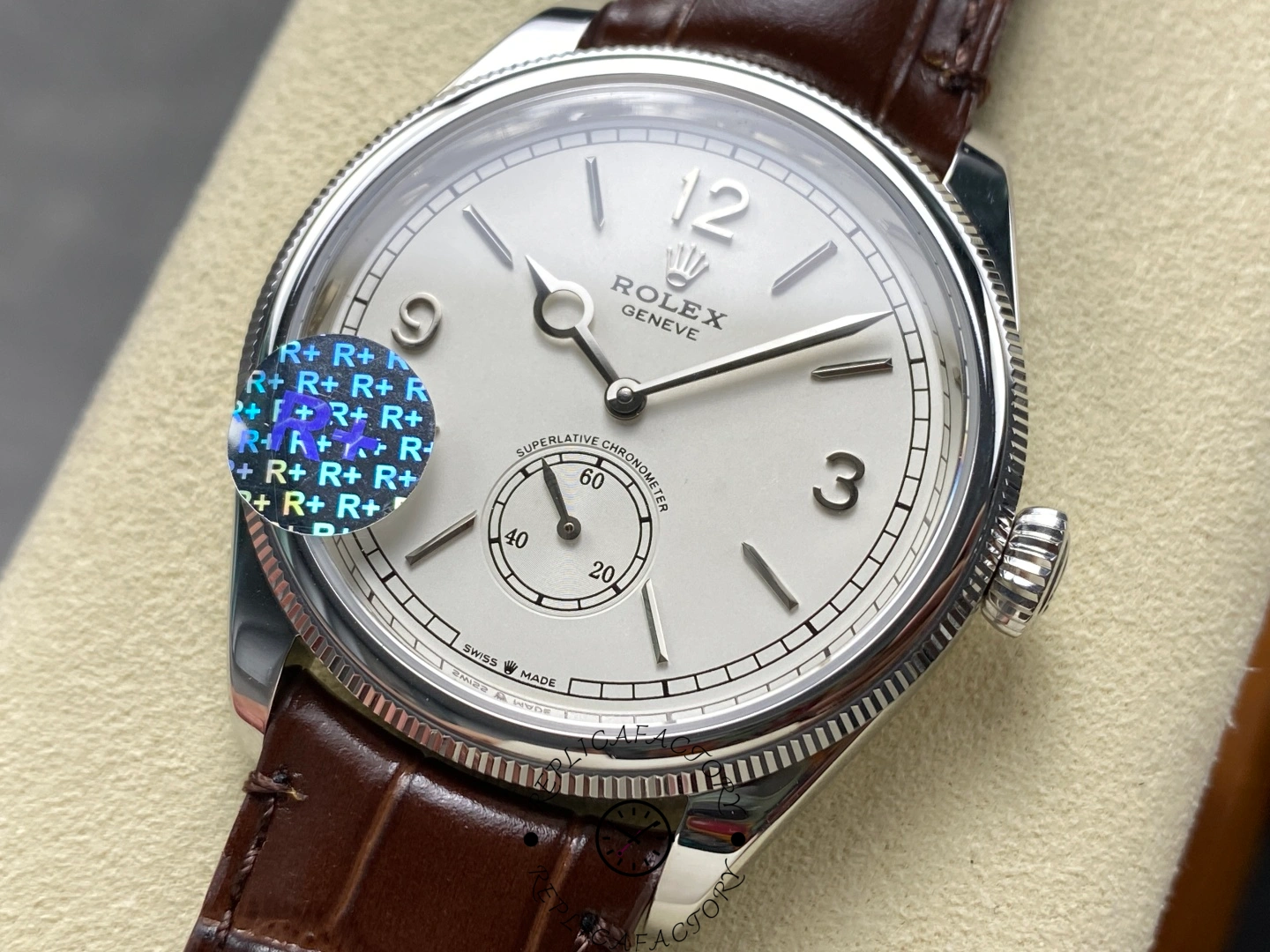 Dial detail view of Rolex 1908 52509-0006 39mm replica highlighting Arabic numerals and small seconds subdial.