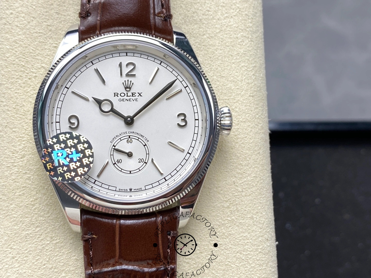 Front dial close-up of Rolex 1908 52509-0006 39mm replica with silver dial, gold hands and small seconds.