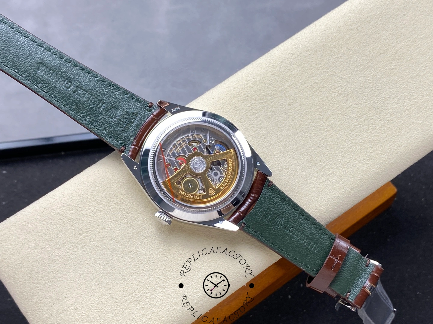 Exhibition caseback of Rolex 1908 52509-0006 39mm replica revealing automatic movement through clear back.