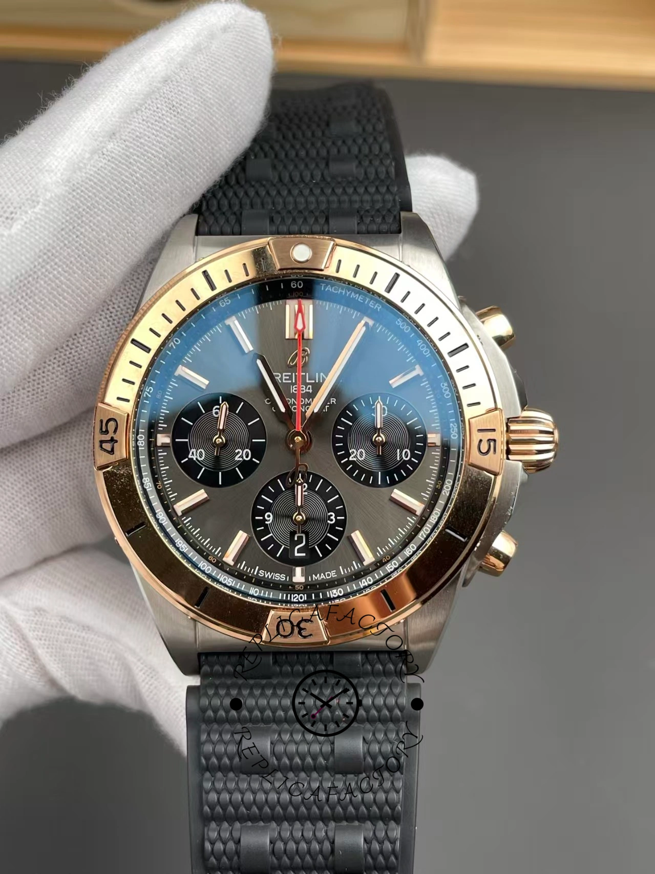 Breitling Chronomat B01 42 UB0134101B1S1, full watch showing bezel rider tabs and pushers.