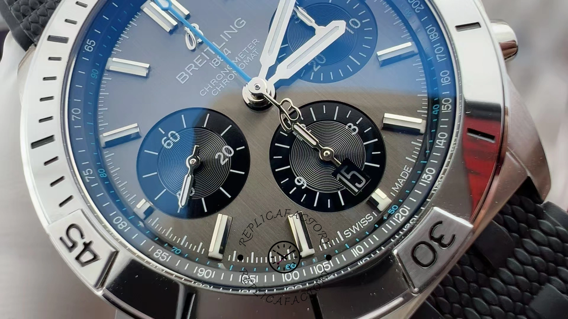 Dial close-up of Breitling Chronomat B01 EB0134101M1S1 showing applied indices and chronograph counters.