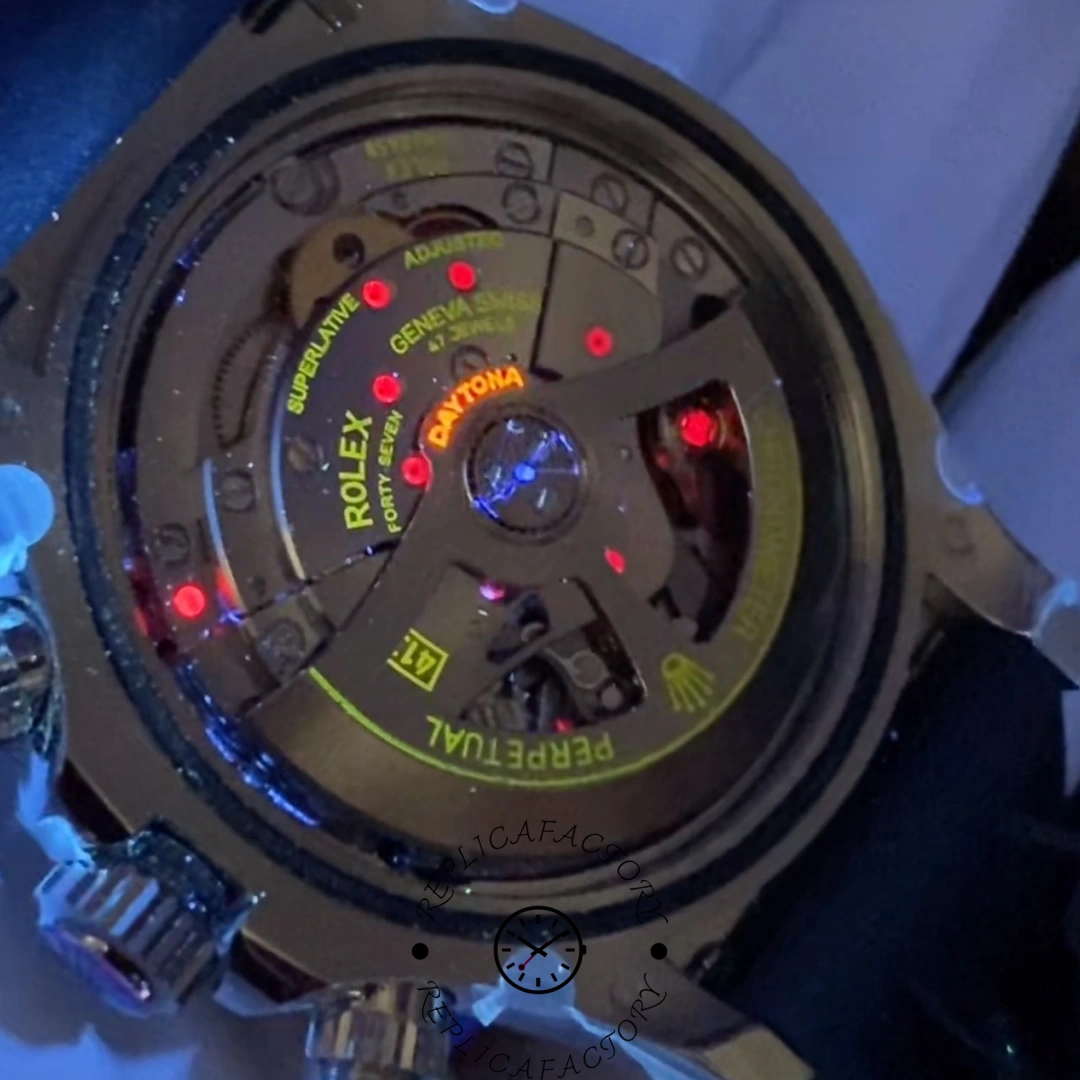 Close-up of Rolex Cosmograph Daytona 126519LN movement showing decorative rotor details.