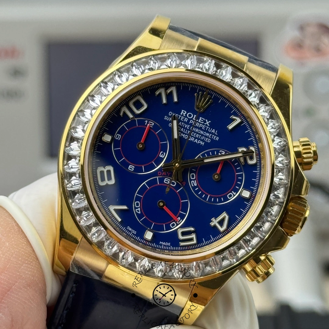 Rolex Daytona 116518 Diamond Edition, macro view emphasizing diamond-set bezel around the case.