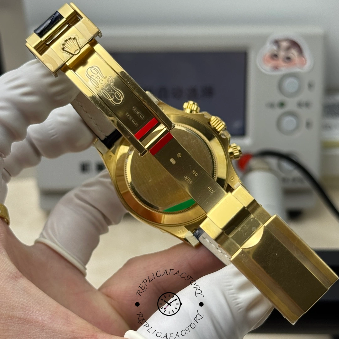 Rolex Daytona 116518 Diamond Edition, clasp and strap close-up showing gold clasp details.