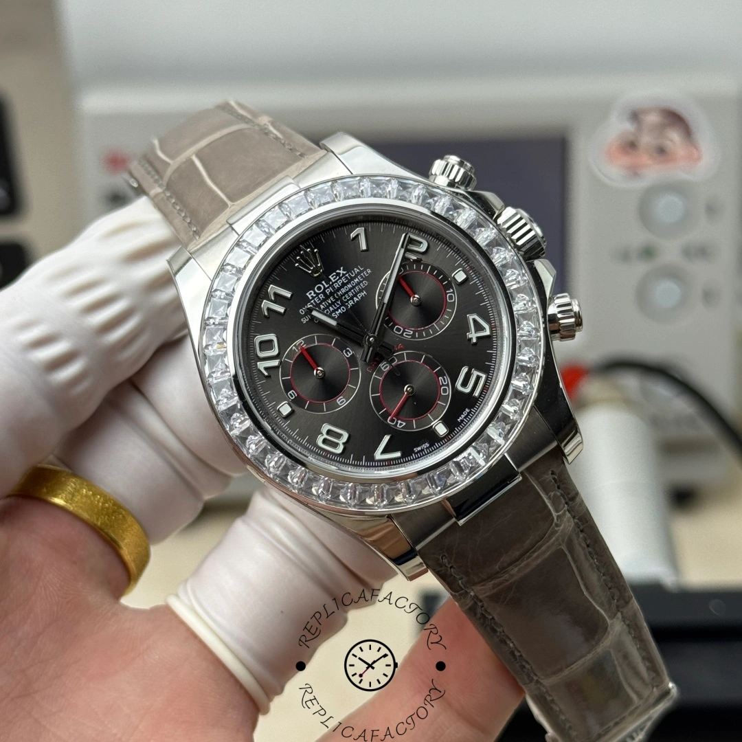 Rolex Daytona 116519, angled front view showing tachymeter diamond bezel and pushers.
