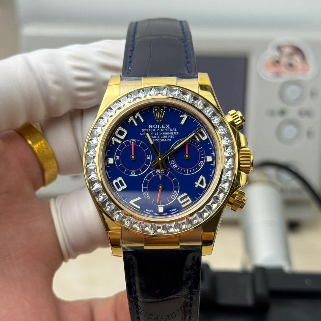 Rolex Daytona 116518 Diamond Edition, hand-held front view highlighting diamond bezel and blue dial.