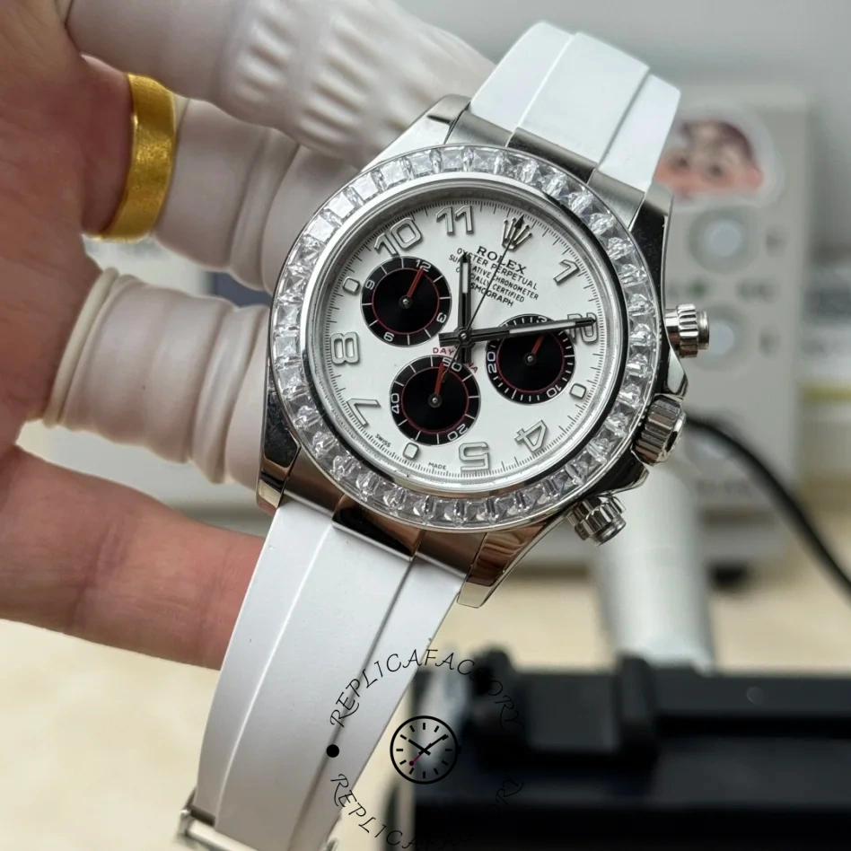 Rolex Daytona 116519, front view in gloved hand with diamond bezel details.