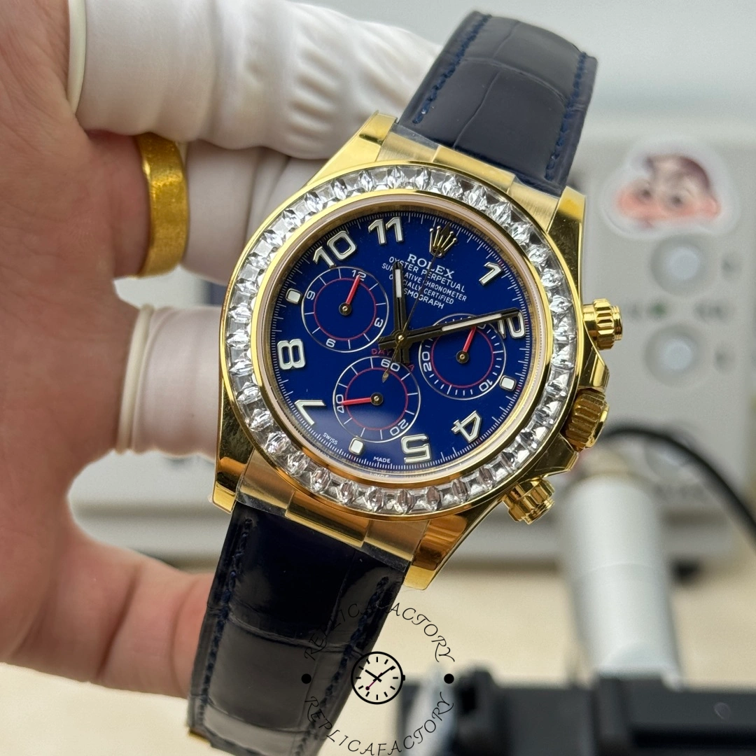 Rolex Daytona 116518 Diamond Edition, wrist-angle shot highlighting bezel sparkle and blue dial depth.