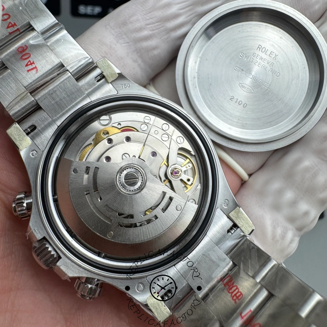 Rolex Daytona 116589BR, caseback close-up showing the rotor and movement details.