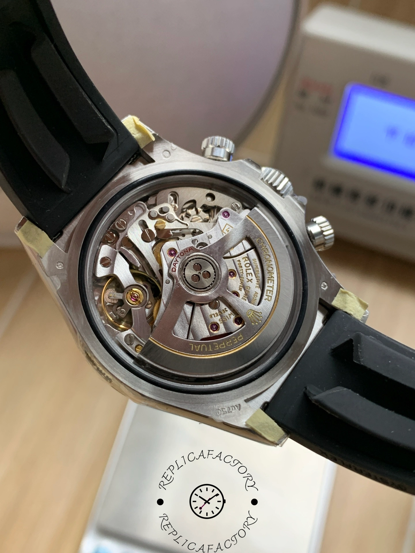 Case back view of Rolex Cosmograph Daytona 126519LN showing transparent back and movement.