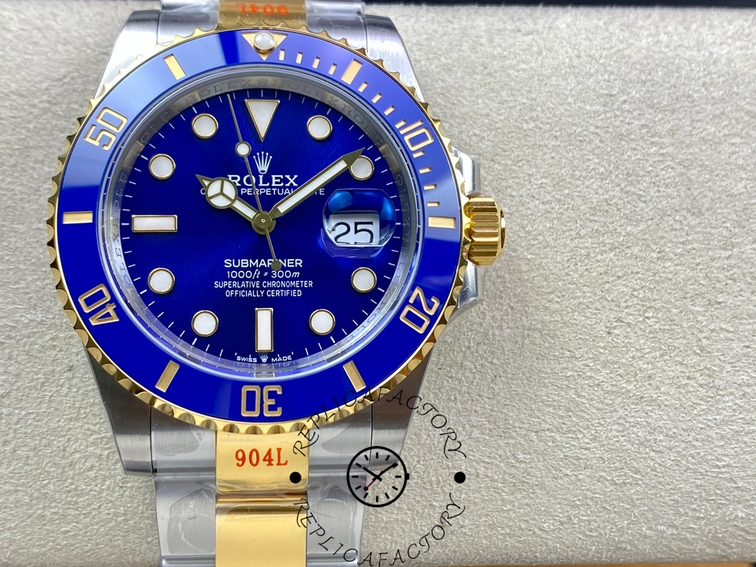 Rolex Submariner 126613LB front view on cushion, sunburst blue dial and luminous hour markers.