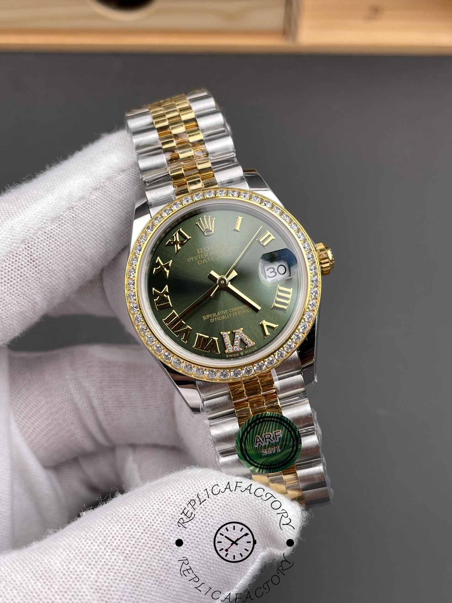 Rolex Datejust 36 Yellow Gold & Diamonds Olive Green Diamond Pave Roman Dial m126283rbr 0011