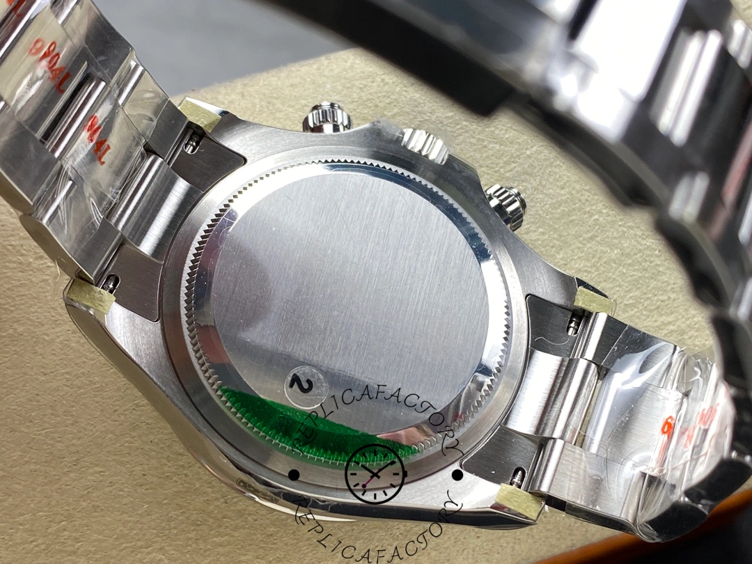 Rolex Daytona M126500LN-0001 case back view, smooth steel back with protective film.