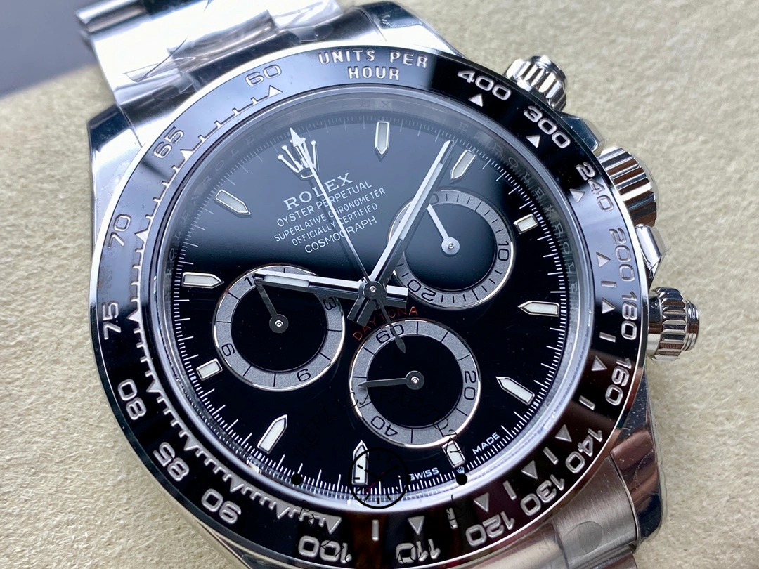 Close-up of Rolex Cosmograph Daytona m126500ln-0002 showing subdials and bezel markings.