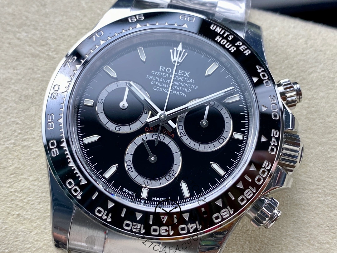 Angled front view of Rolex Cosmograph Daytona m126500ln-0002 highlighting polished case and pushers.