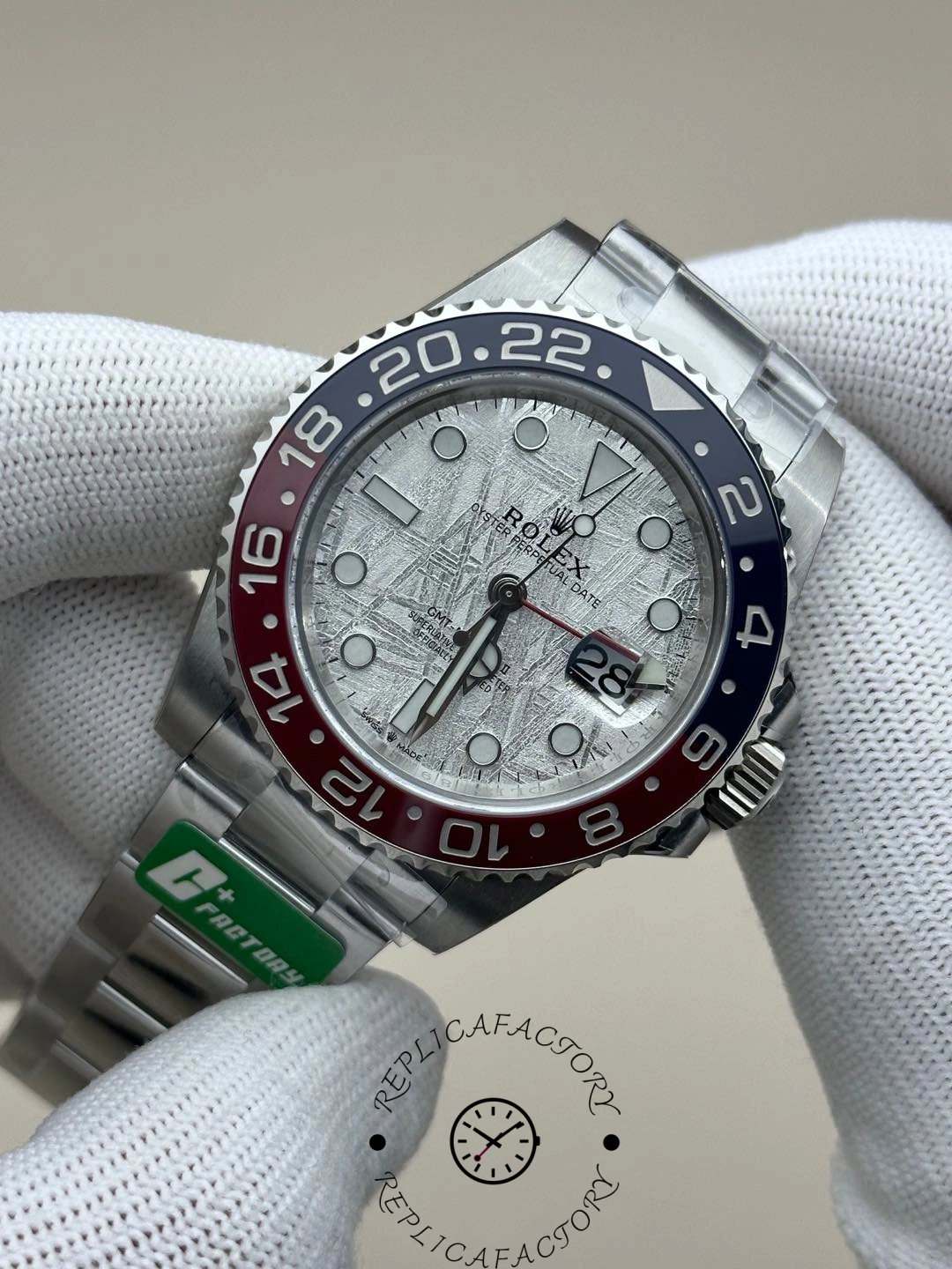 Rolex GMT-Master II 126719 0002 angled view, meteorite dial and bezel, in glove.