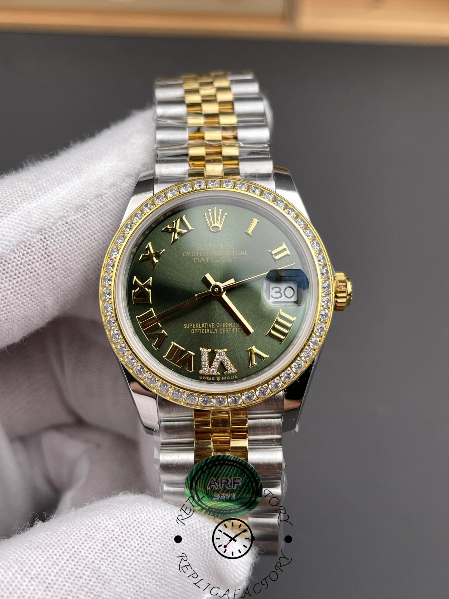 Rolex Datejust 36 Yellow Gold & Diamonds Olive Green Diamond Pave Roman Dial m126283rbr 0011