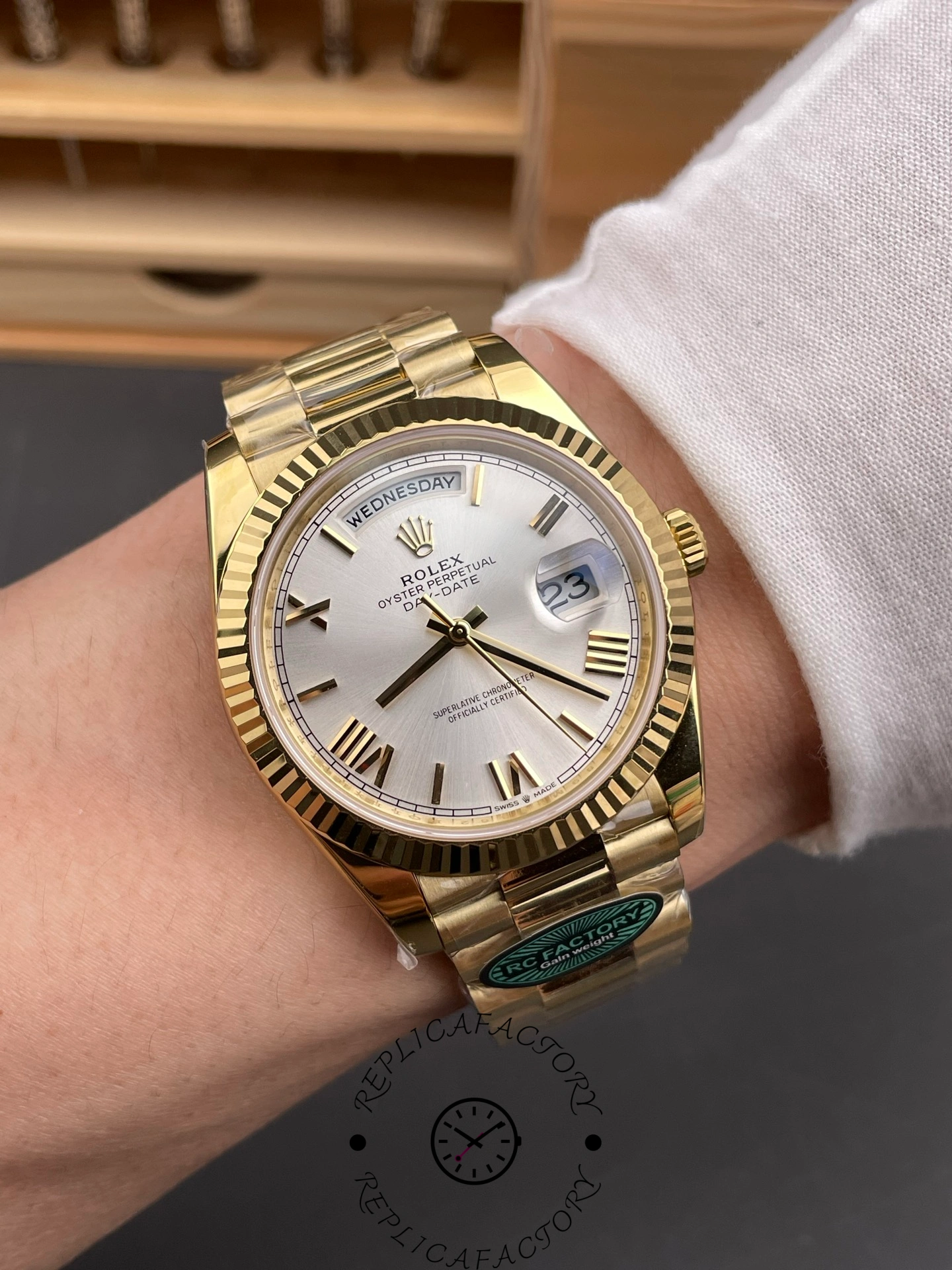 Rolex Day-Date 228238 Silver Roman Dial Fluted Bezel 40mm Mens Replica Watch