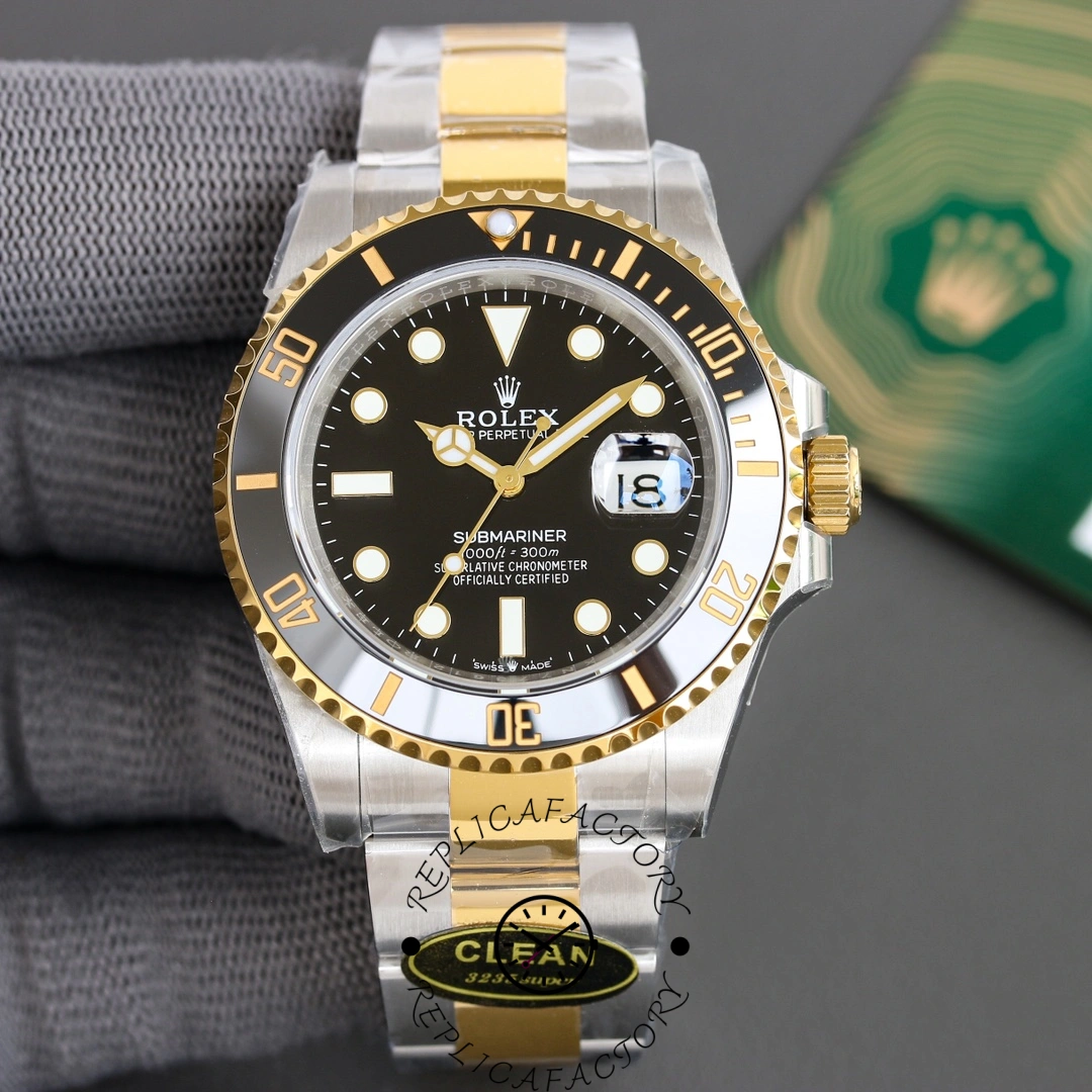 Rolex Submariner 126613LN 0002 full watch in glove, front view with black bezel numerals.