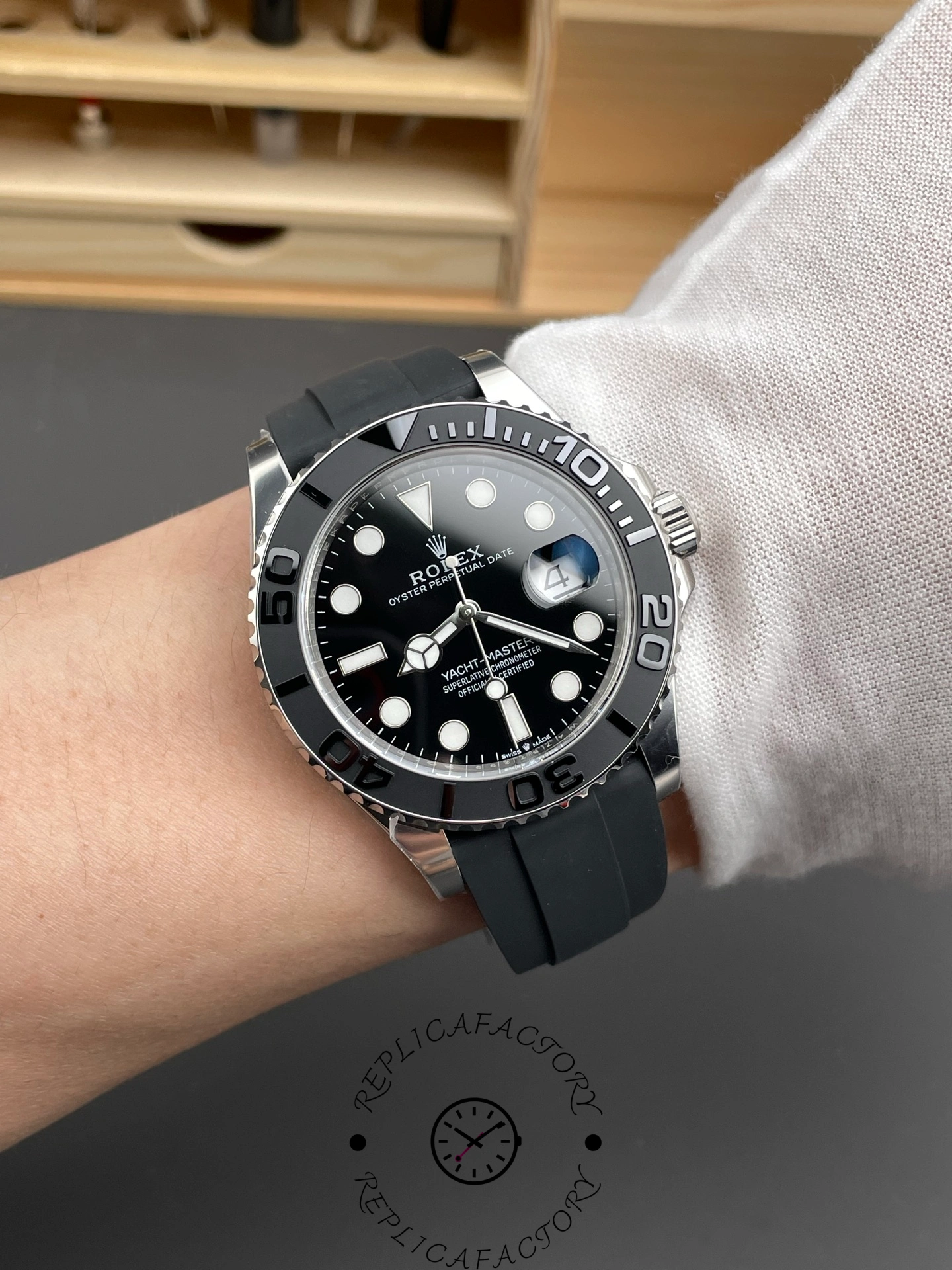 Rolex Yacht-Master 226659 on wrist, 42mm black dial and bezel, white gold case, front view.