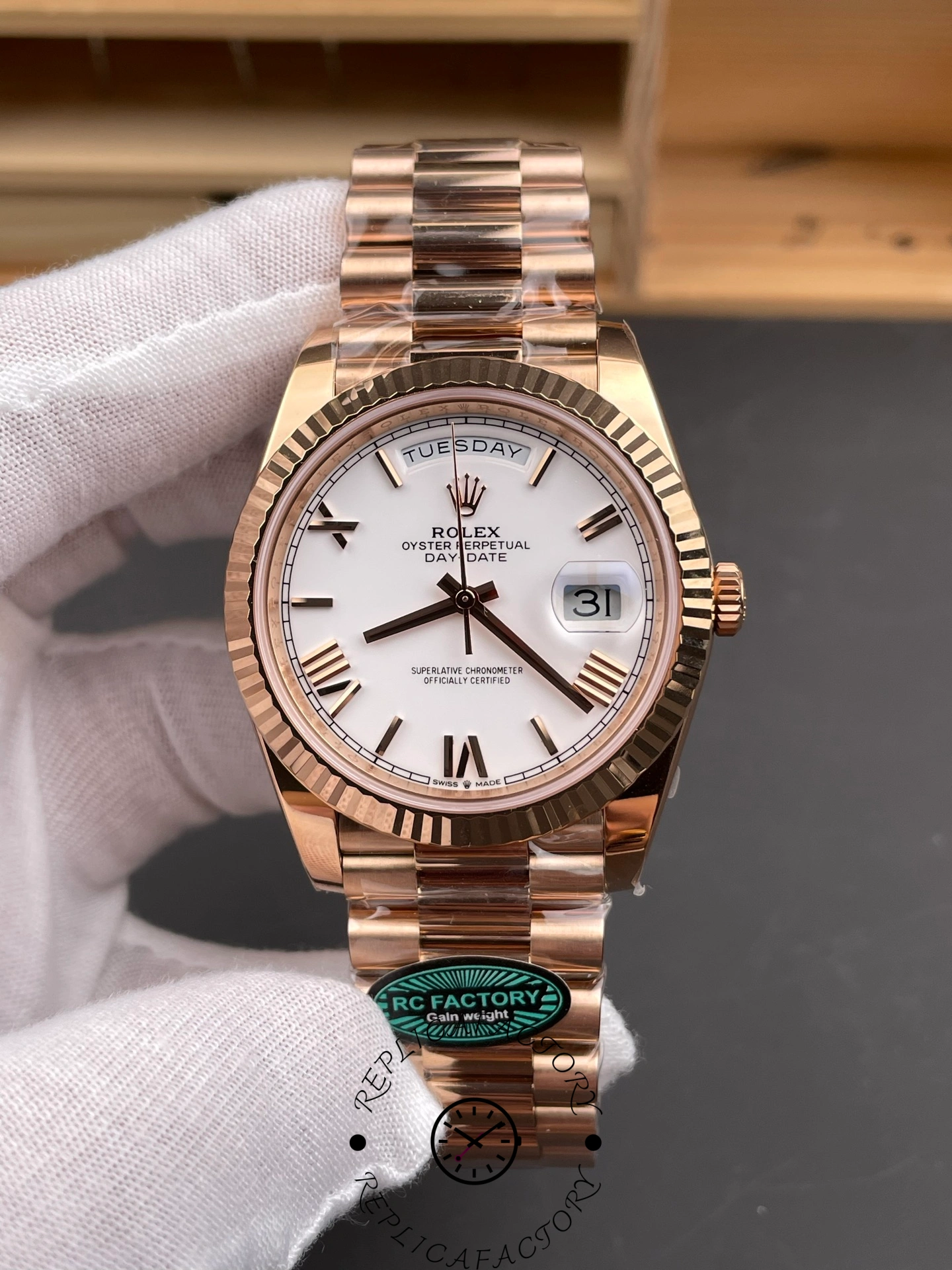 Rolex Day-Date 228235 White Roman Numeral Dial Fluted Bezel 40mm Mens Replica Watch