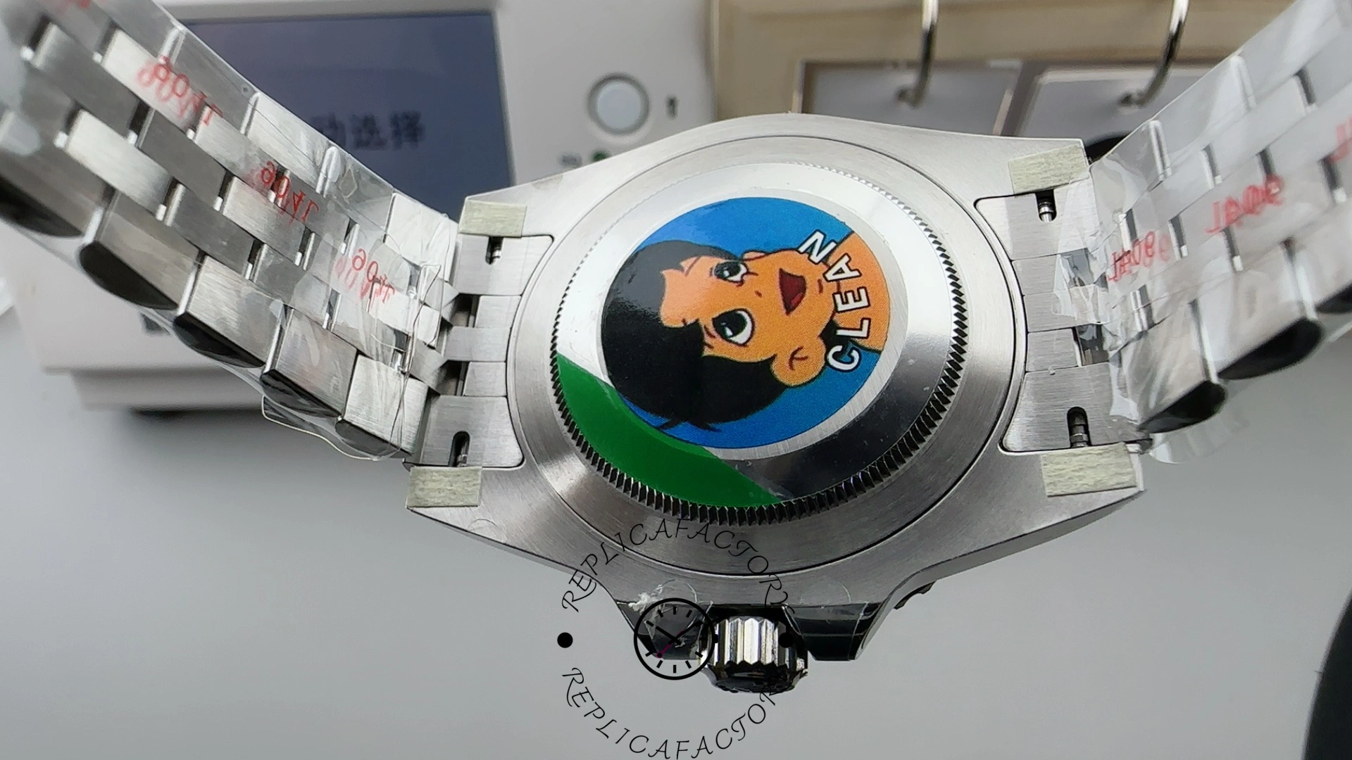 Rolex GMT-Master II 126710BLRO, caseback and bracelet view showing clasp section from behind.