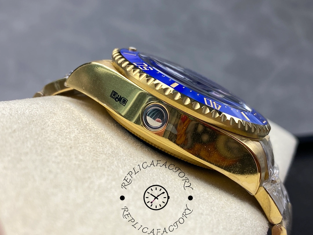 Rolex Deepsea 136668LB side profile, thick case and bezel edge, yellow gold bracelet on cushion.