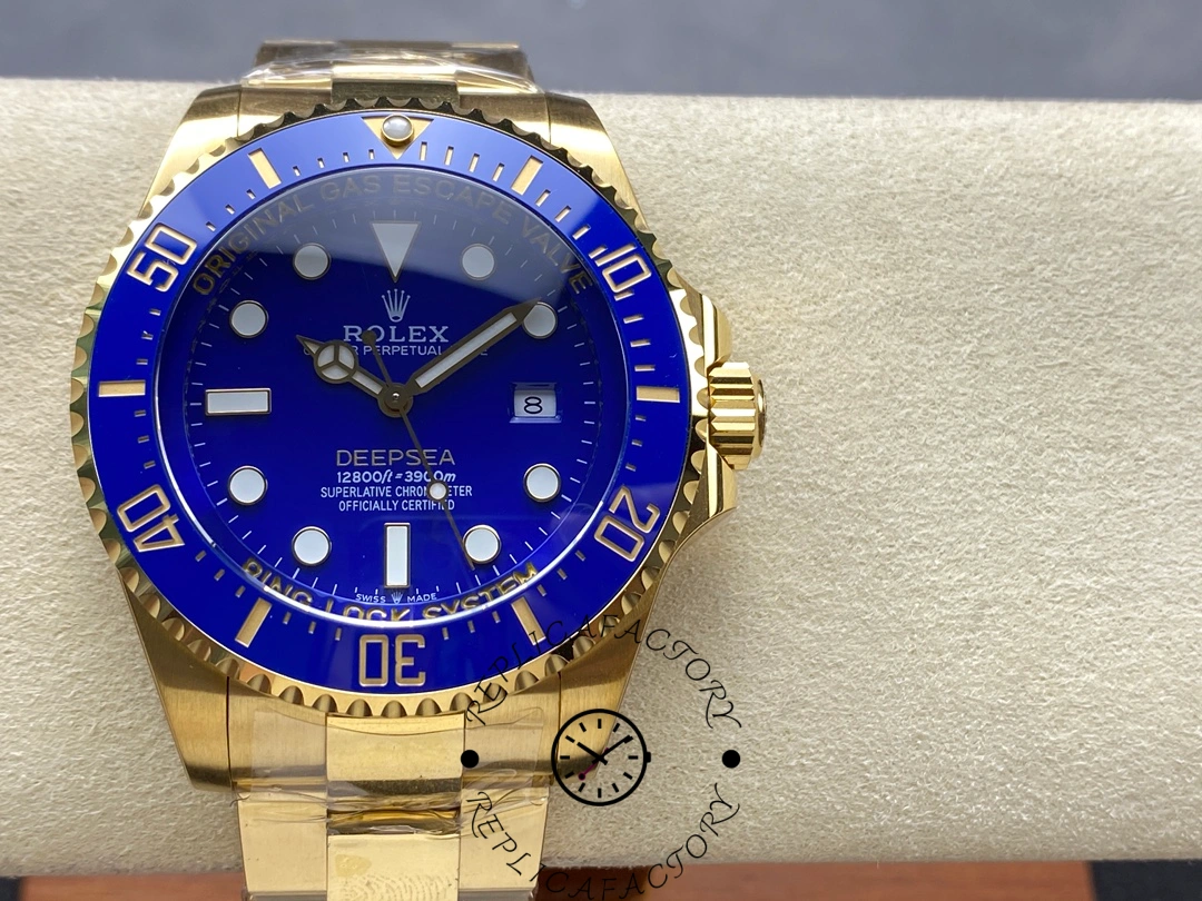 Rolex Deepsea 136668LB on cushion, blue dial and blue bezel, yellow gold bracelet, front view.