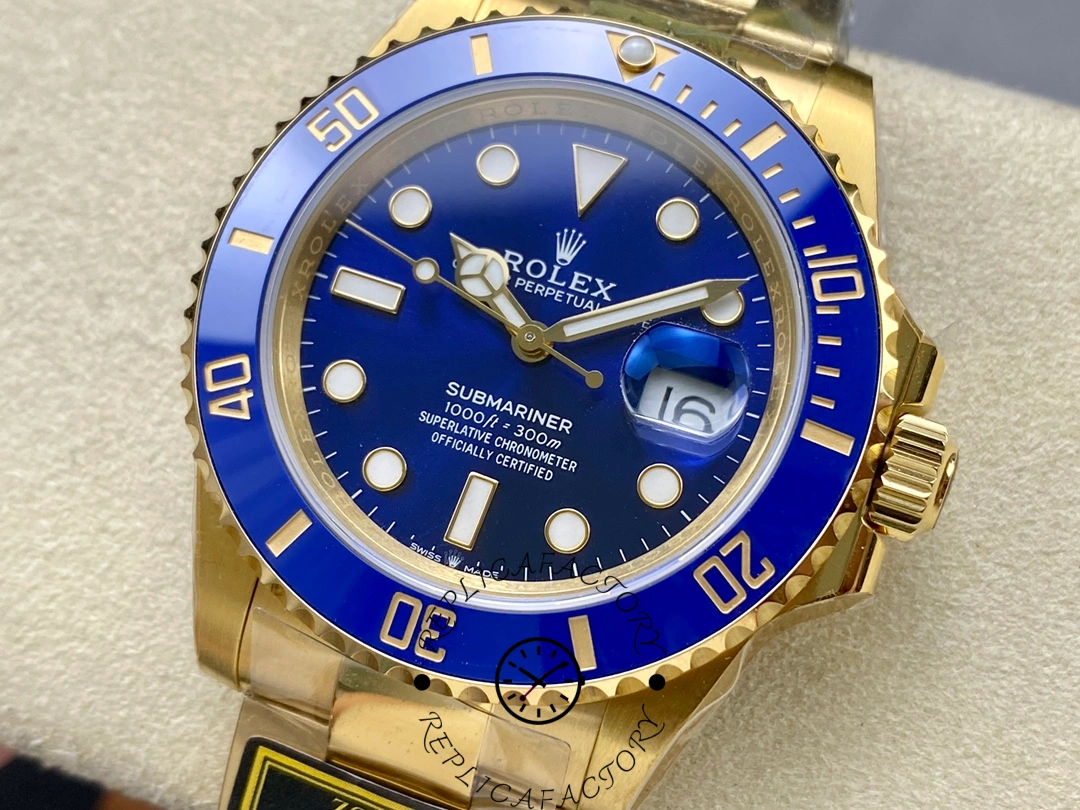 Rolex Submariner 126618LB, angled close view of blue bezel, dial, and gold lugs.