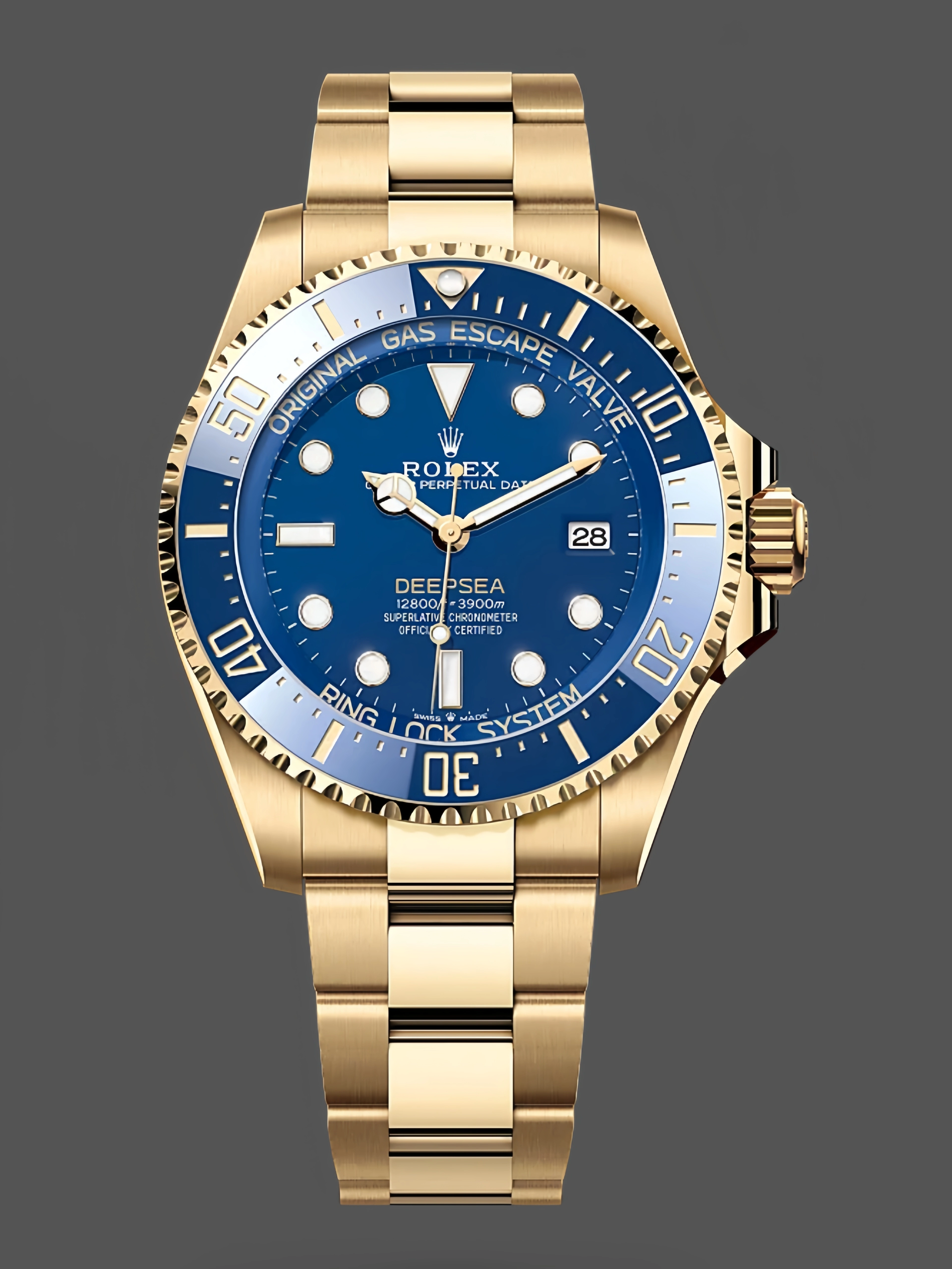 Rolex Deepsea 136668LB, yellow gold case and bracelet, blue dial and blue bezel, front view. - Front view
