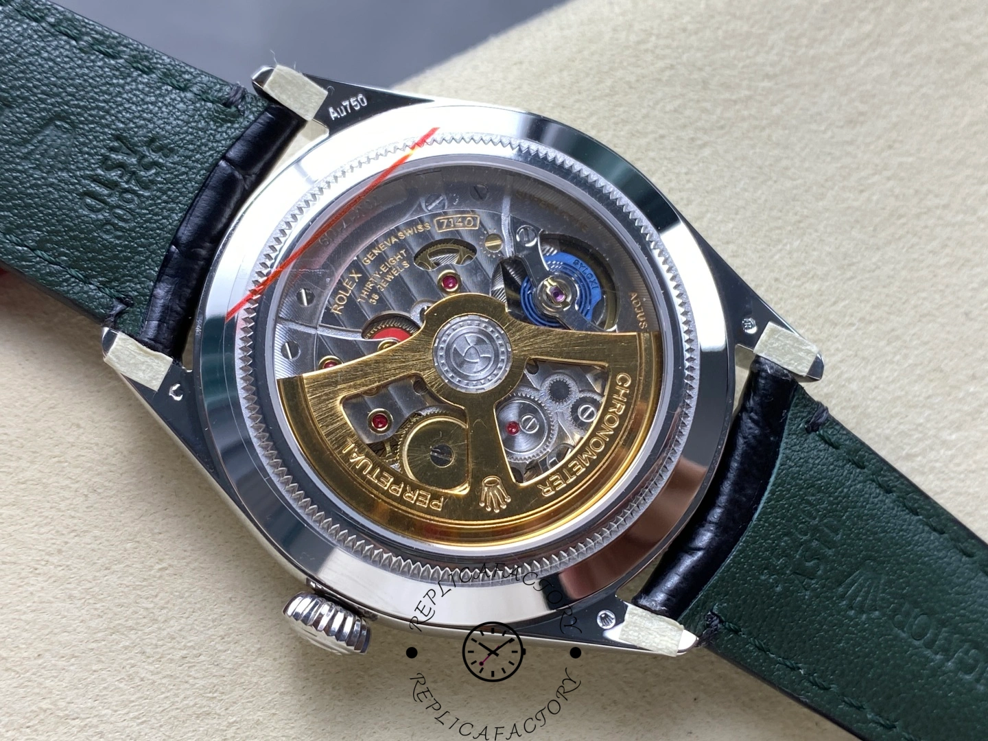 Rear view of the Rolex 1908 52506-0003 replica showing transparent case back and movement.