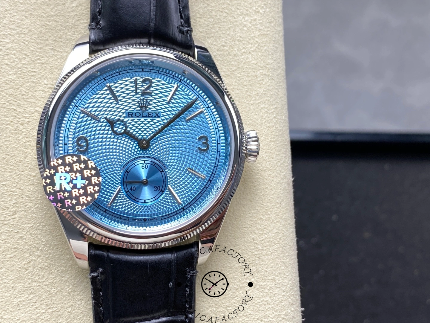 Close-up of the Rolex 1908 52506-0003 dial showing applied Arabic numerals and small seconds subdial.