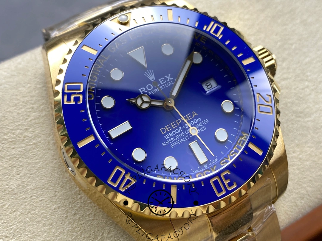 Rolex Deepsea 136668LB angled view, blue dial and bezel, yellow gold case and bracelet.