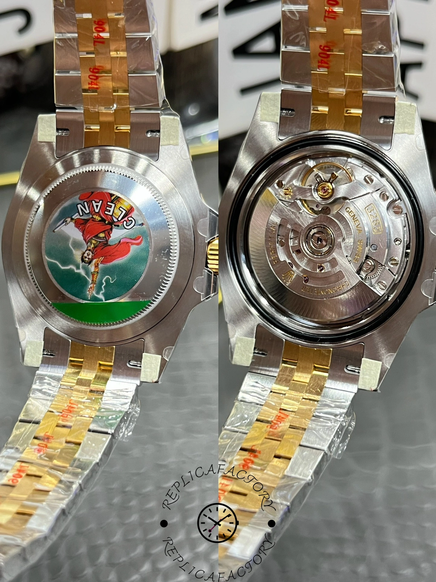 Caseback/movement view of Rolex GMT-Master II 126713GRNR 0001, showing rotor through opened back.