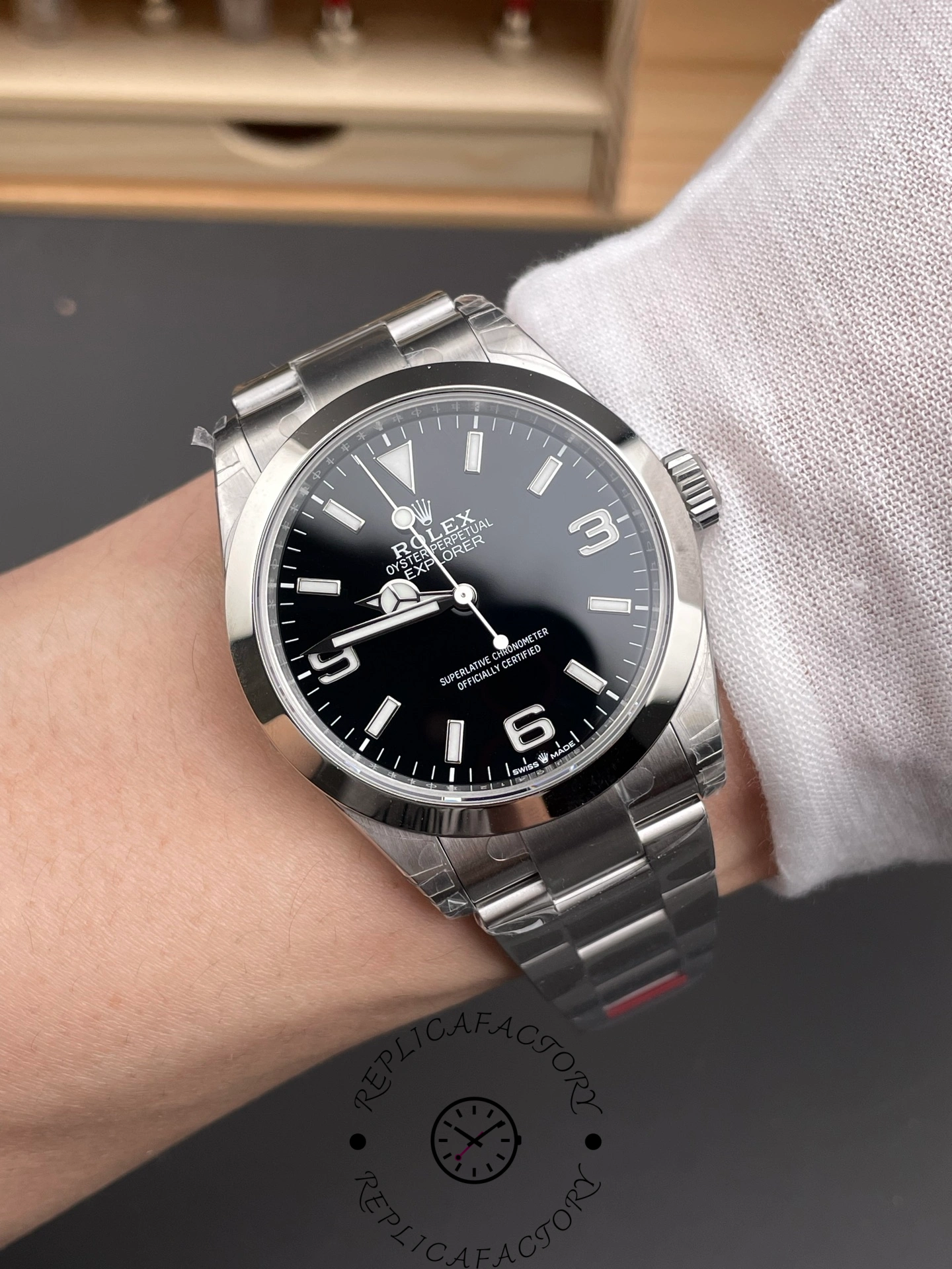 Rolex Explorer 224270, wrist shot showing 40mm fit with black dial and steel bracelet.