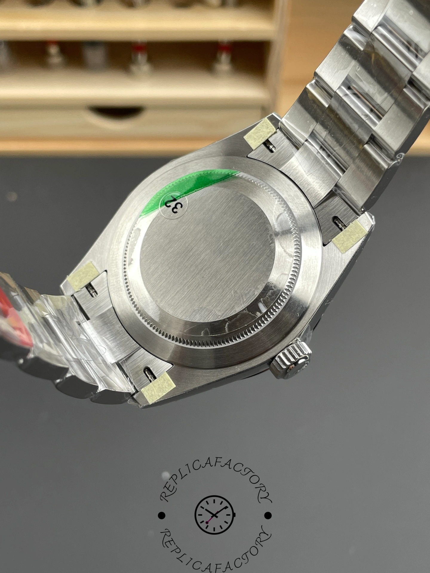 Rolex Explorer 224270, caseback view showing solid back and bracelet attachment.